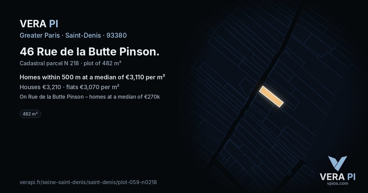 46 Rue de la Butte Pinson, Saint-Denis at night – the plot lit, the parcels around coloured by the prices near them