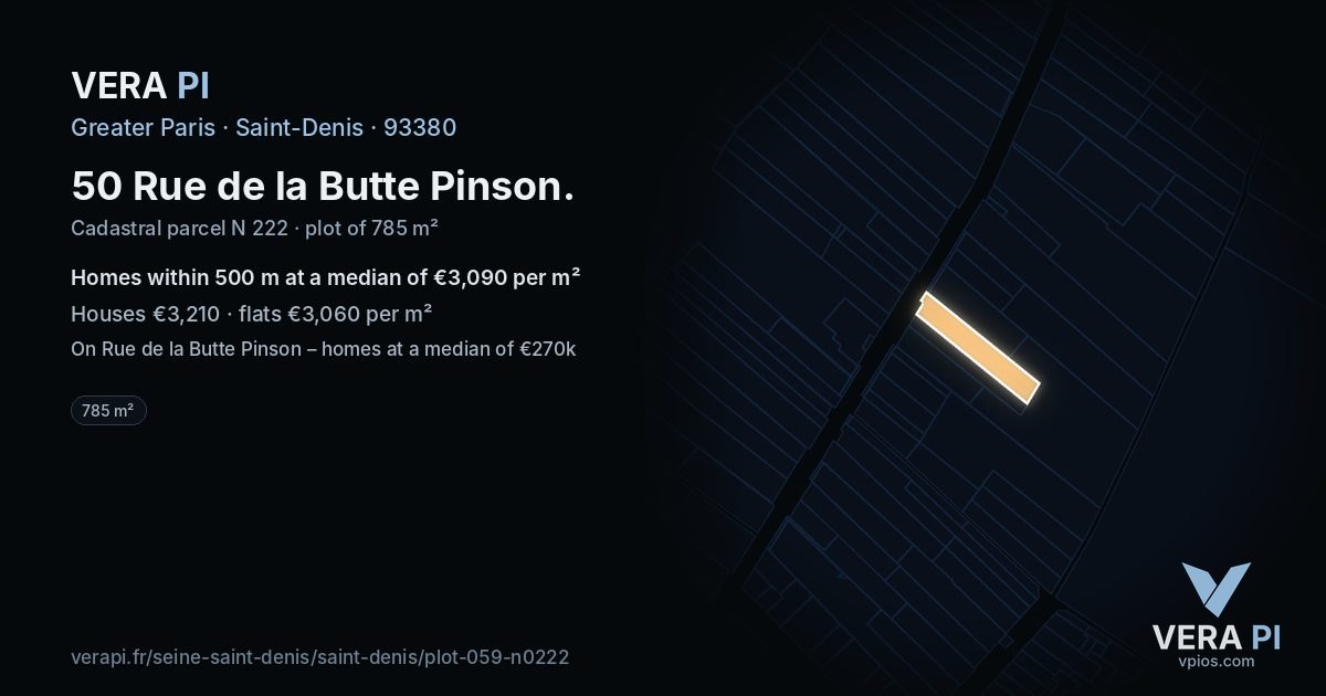50 Rue de la Butte Pinson, Saint-Denis at night – the plot lit, the parcels around coloured by the prices near them