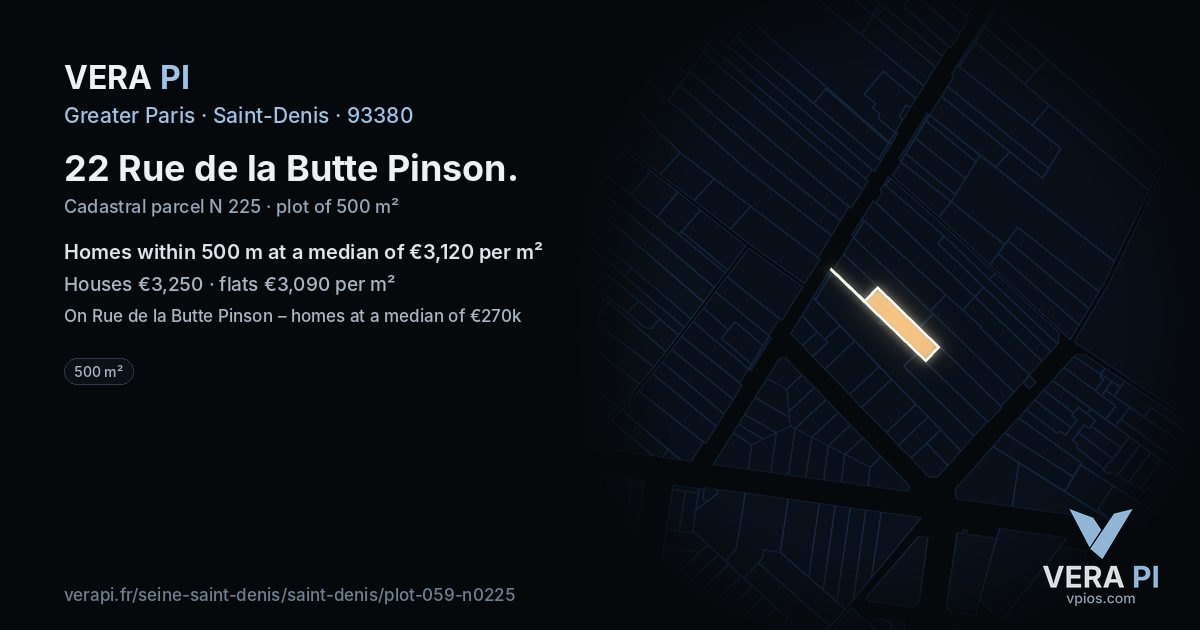 22 Rue de la Butte Pinson, Saint-Denis at night – the plot lit, the parcels around coloured by the prices near them
