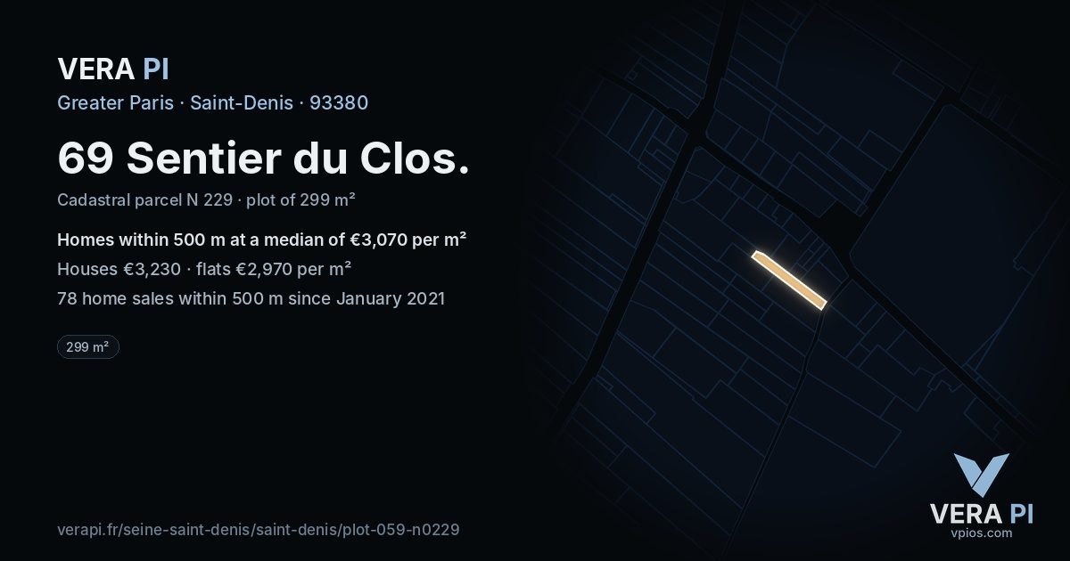 69 Sentier du Clos, Saint-Denis at night – the plot lit, the parcels around coloured by the prices near them