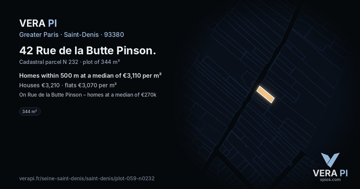 42 Rue de la Butte Pinson, Saint-Denis at night – the plot lit, the parcels around coloured by the prices near them