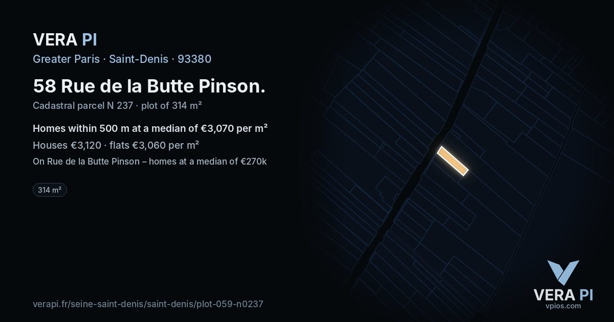 58 Rue de la Butte Pinson, Saint-Denis at night – the plot lit, the parcels around coloured by the prices near them