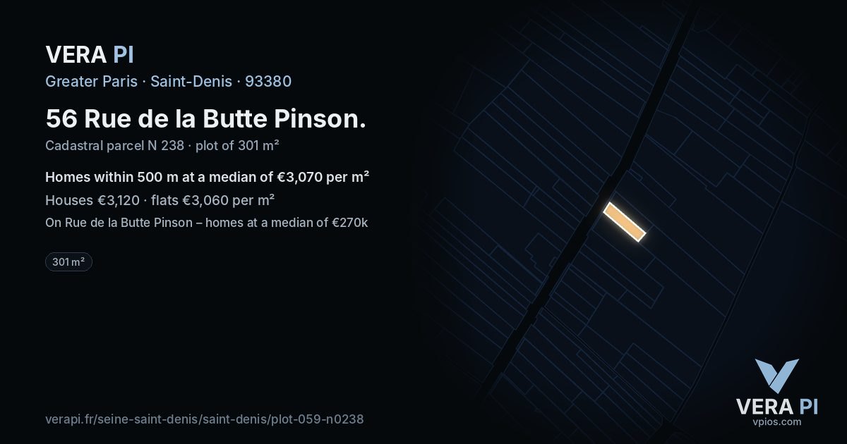 56 Rue de la Butte Pinson, Saint-Denis at night – the plot lit, the parcels around coloured by the prices near them