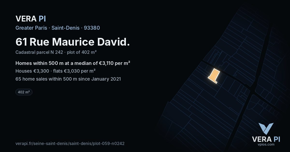 61 Rue Maurice David, Saint-Denis at night – the plot lit, the parcels around coloured by the prices near them