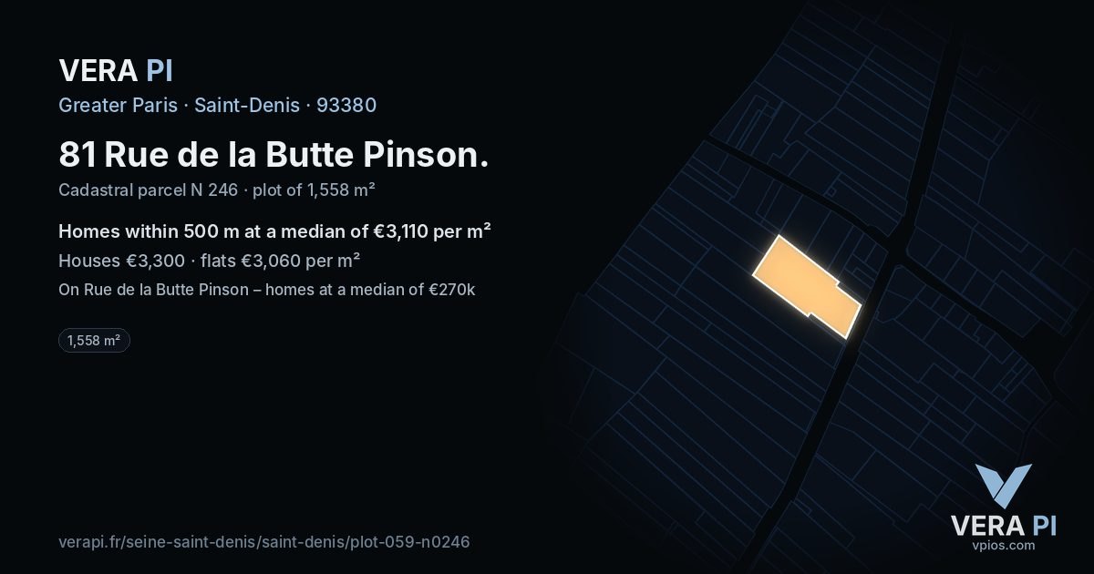 81 Rue de la Butte Pinson, Saint-Denis at night – the plot lit, the parcels around coloured by the prices near them