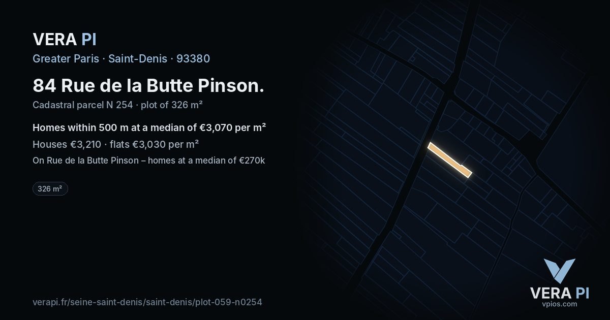 84 Rue de la Butte Pinson, Saint-Denis at night – the plot lit, the parcels around coloured by the prices near them