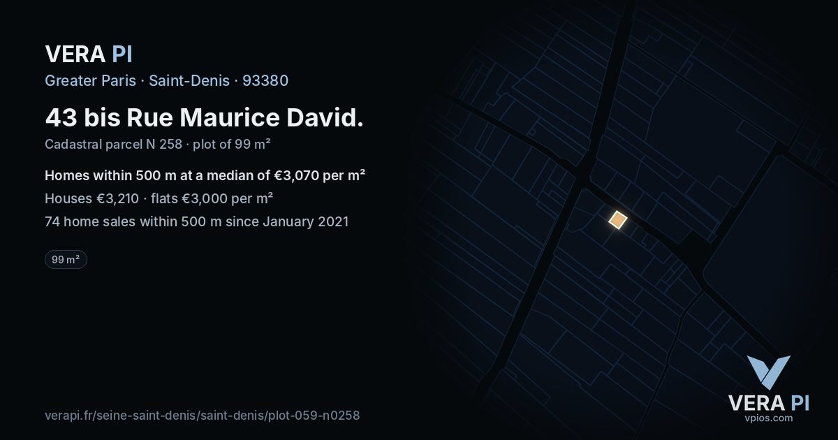 43 bis Rue Maurice David, Saint-Denis at night – the plot lit, the parcels around coloured by the prices near them