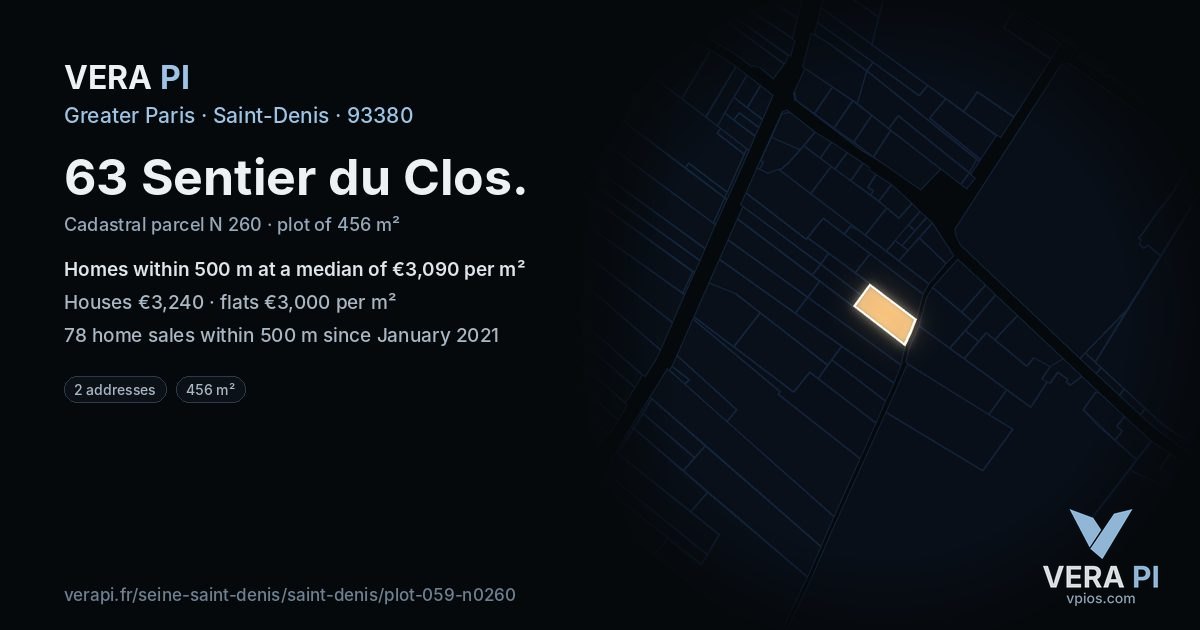 63 Sentier du Clos, Saint-Denis at night – the plot lit, the parcels around coloured by the prices near them