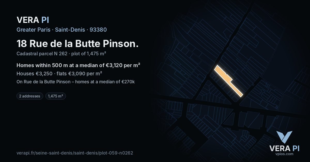 18 Rue de la Butte Pinson, Saint-Denis at night – the plot lit, the parcels around coloured by the prices near them