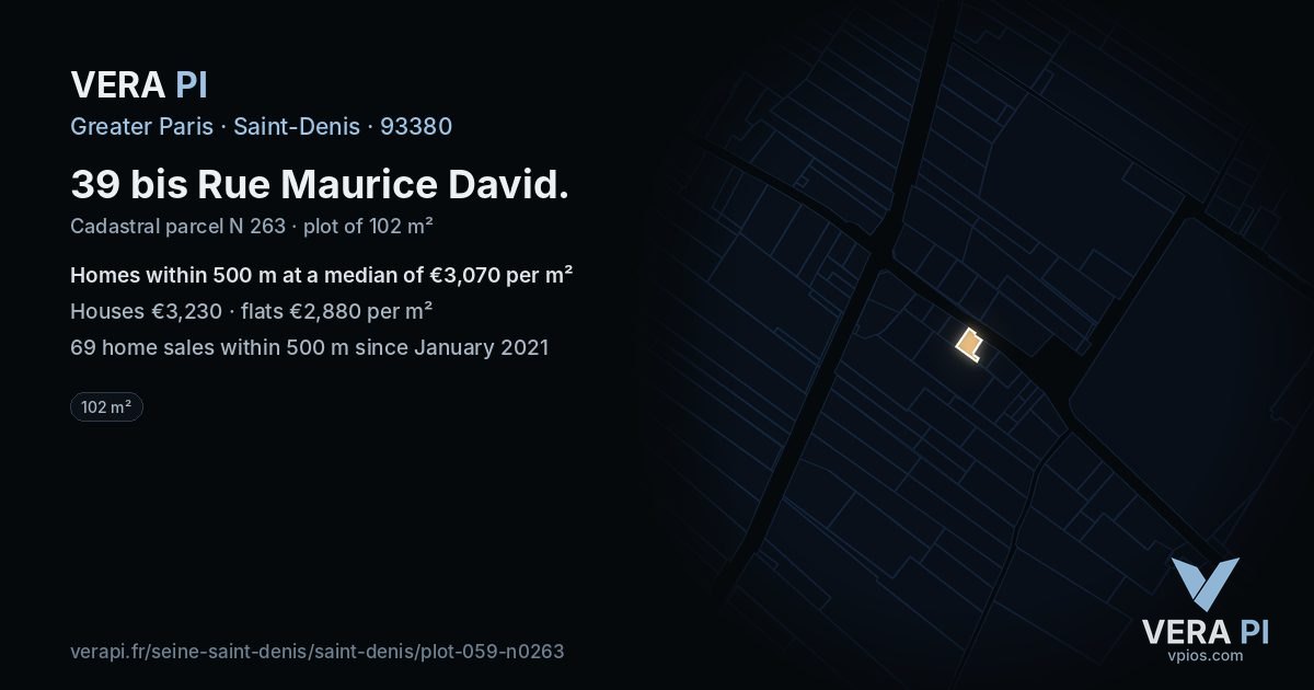39 bis Rue Maurice David, Saint-Denis at night – the plot lit, the parcels around coloured by the prices near them
