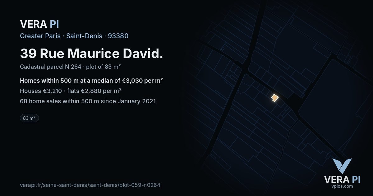 39 Rue Maurice David, Saint-Denis at night – the plot lit, the parcels around coloured by the prices near them