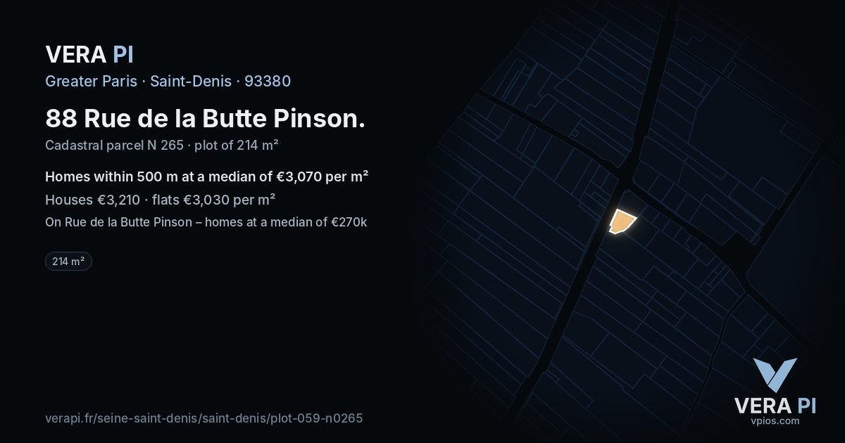 88 Rue de la Butte Pinson, Saint-Denis at night – the plot lit, the parcels around coloured by the prices near them