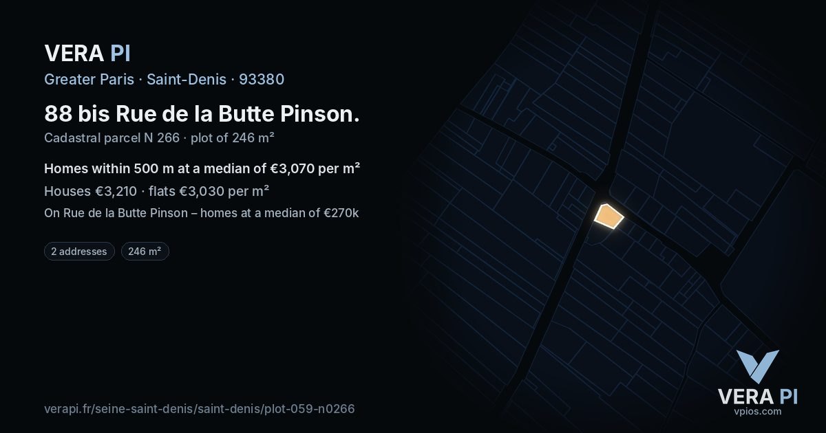 88 bis Rue de la Butte Pinson, Saint-Denis at night – the plot lit, the parcels around coloured by the prices near them