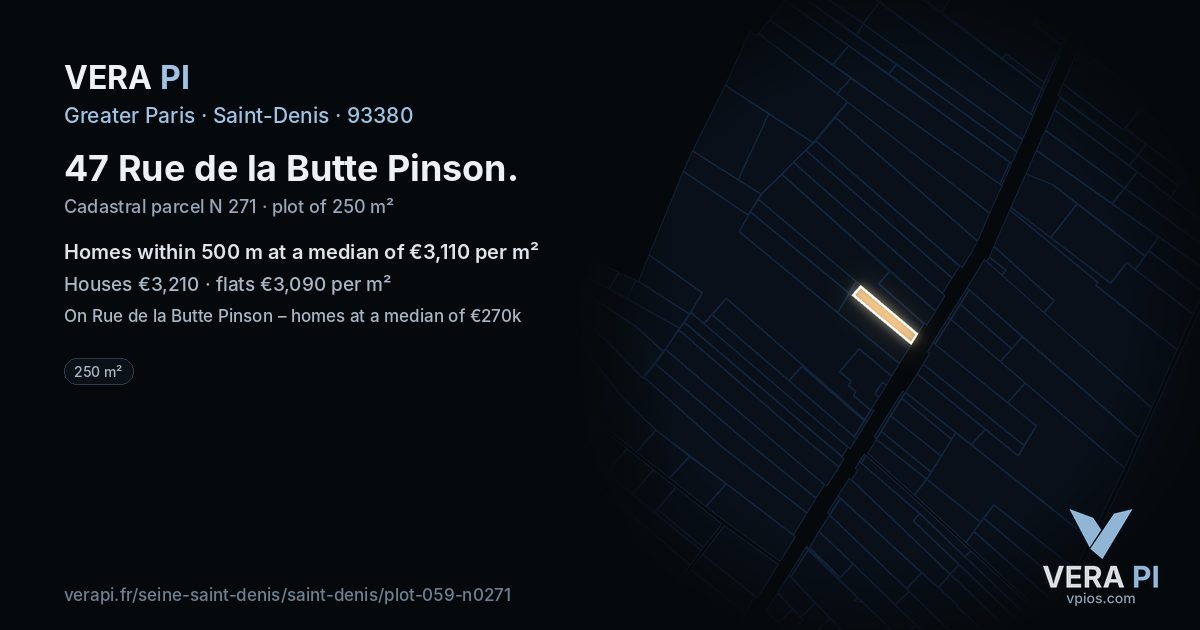 47 Rue de la Butte Pinson, Saint-Denis at night – the plot lit, the parcels around coloured by the prices near them