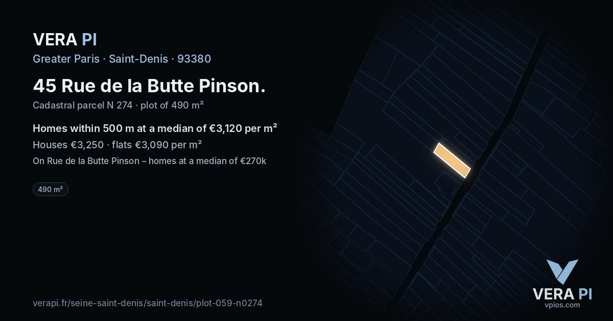 45 Rue de la Butte Pinson, Saint-Denis at night – the plot lit, the parcels around coloured by the prices near them