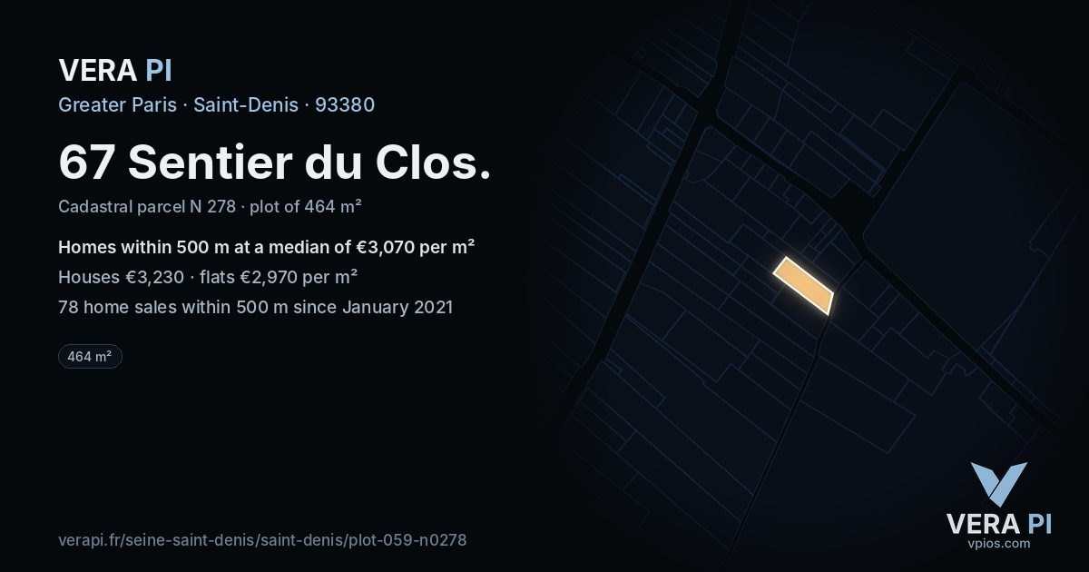 67 Sentier du Clos, Saint-Denis at night – the plot lit, the parcels around coloured by the prices near them