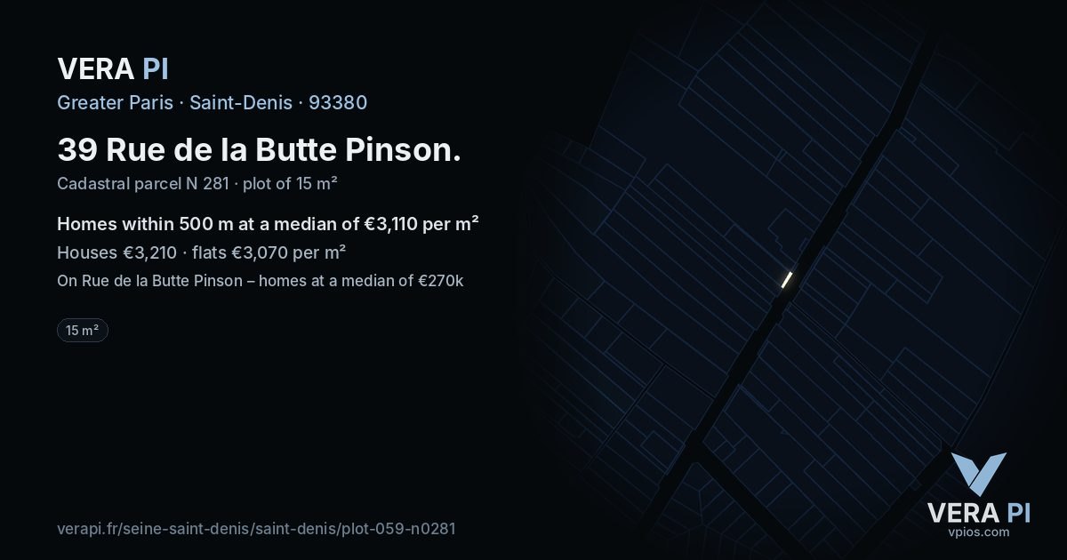 39 Rue de la Butte Pinson, Saint-Denis at night – the plot lit, the parcels around coloured by the prices near them