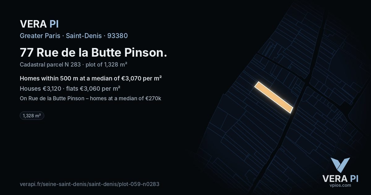 77 Rue de la Butte Pinson, Saint-Denis at night – the plot lit, the parcels around coloured by the prices near them