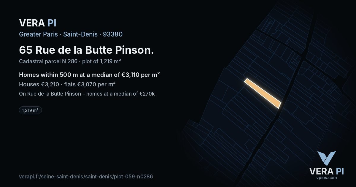 65 Rue de la Butte Pinson, Saint-Denis at night – the plot lit, the parcels around coloured by the prices near them