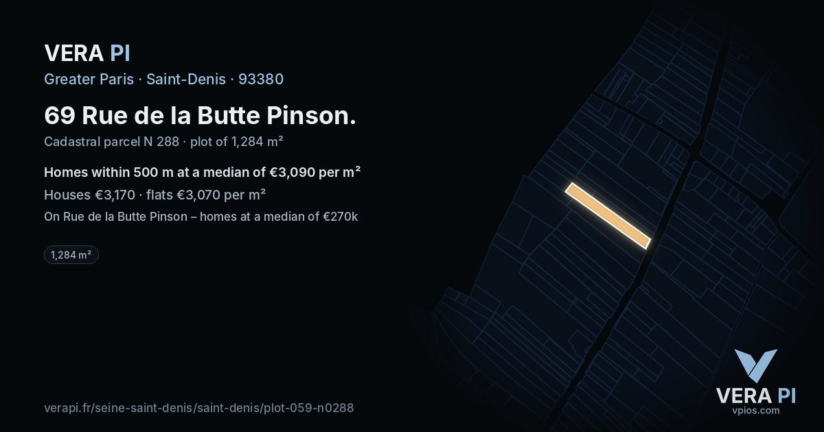69 Rue de la Butte Pinson, Saint-Denis at night – the plot lit, the parcels around coloured by the prices near them