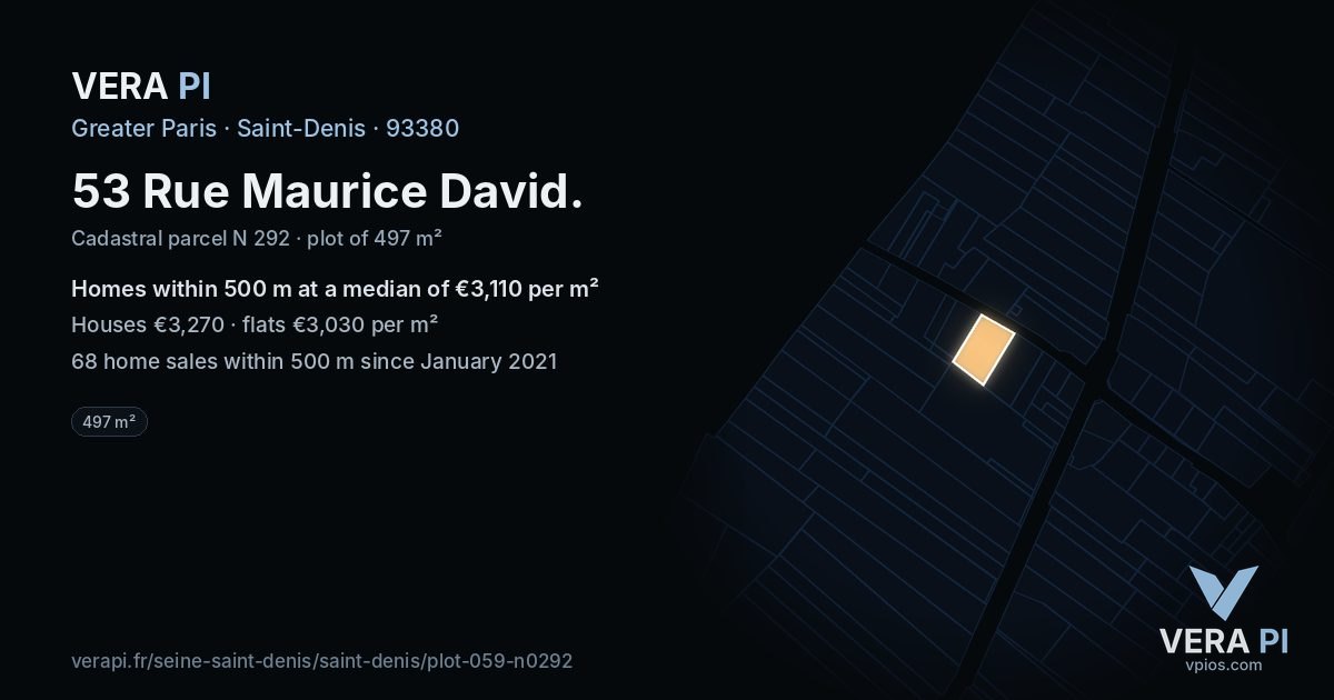 53 Rue Maurice David, Saint-Denis at night – the plot lit, the parcels around coloured by the prices near them