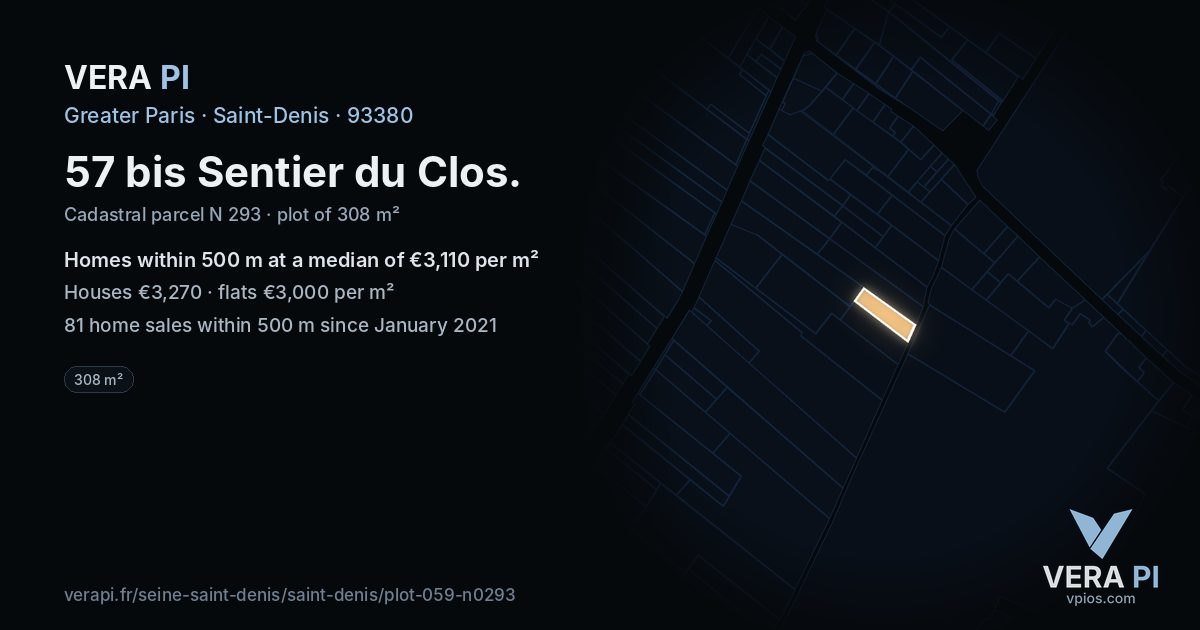 57 bis Sentier du Clos, Saint-Denis at night – the plot lit, the parcels around coloured by the prices near them