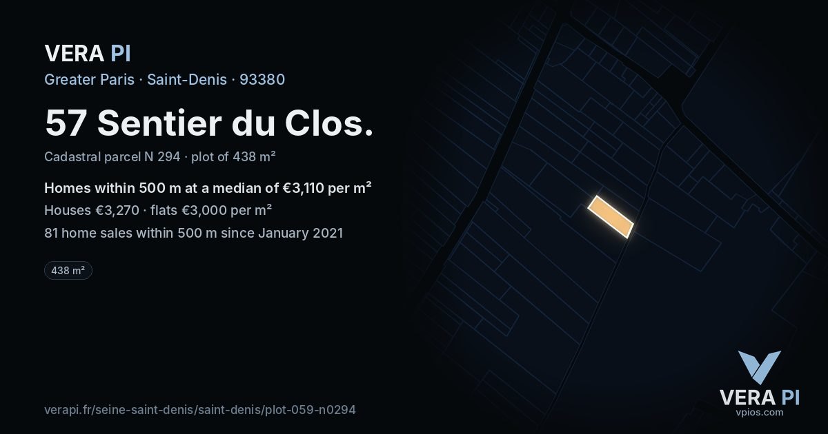 57 Sentier du Clos, Saint-Denis at night – the plot lit, the parcels around coloured by the prices near them