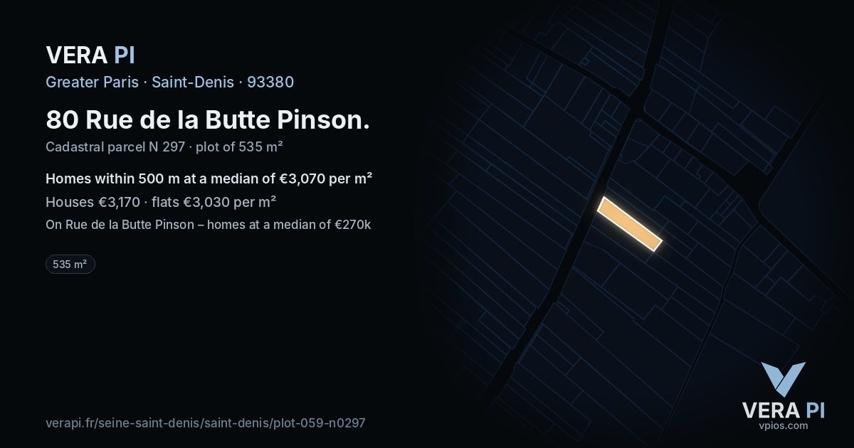 80 Rue de la Butte Pinson, Saint-Denis at night – the plot lit, the parcels around coloured by the prices near them