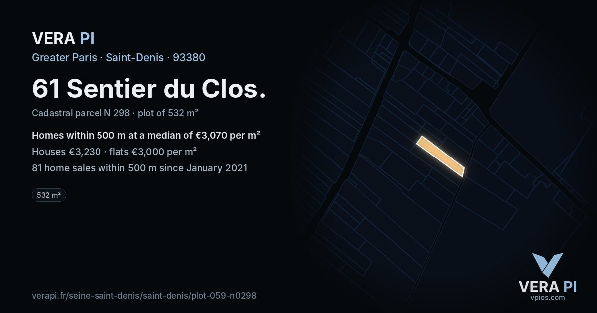 61 Sentier du Clos, Saint-Denis at night – the plot lit, the parcels around coloured by the prices near them