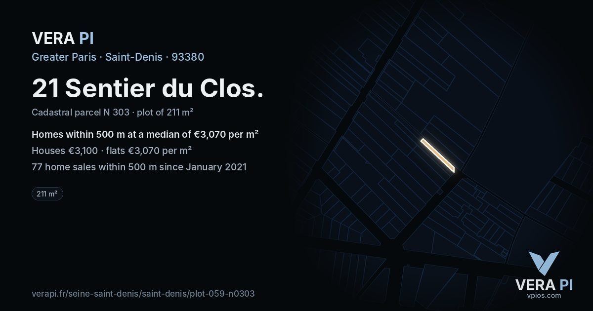 21 Sentier du Clos, Saint-Denis at night – the plot lit, the parcels around coloured by the prices near them