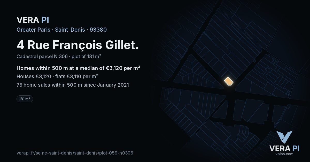 4 Rue François Gillet, Saint-Denis at night – the plot lit, the parcels around coloured by the prices near them