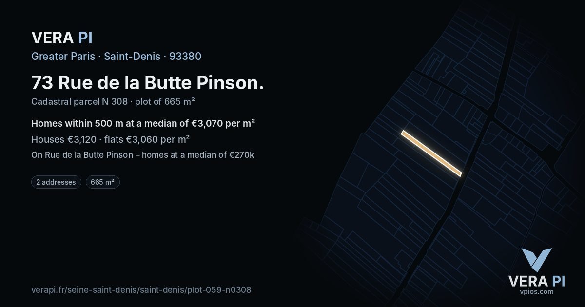 73 Rue de la Butte Pinson, Saint-Denis at night – the plot lit, the parcels around coloured by the prices near them