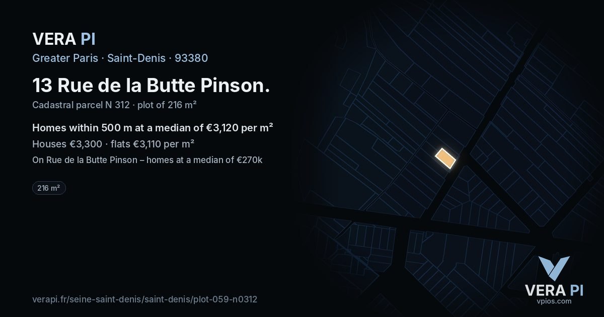 13 Rue de la Butte Pinson, Saint-Denis at night – the plot lit, the parcels around coloured by the prices near them