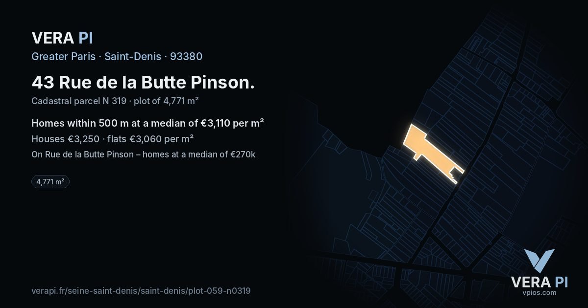 43 Rue de la Butte Pinson, Saint-Denis at night – the plot lit, the parcels around coloured by the prices near them