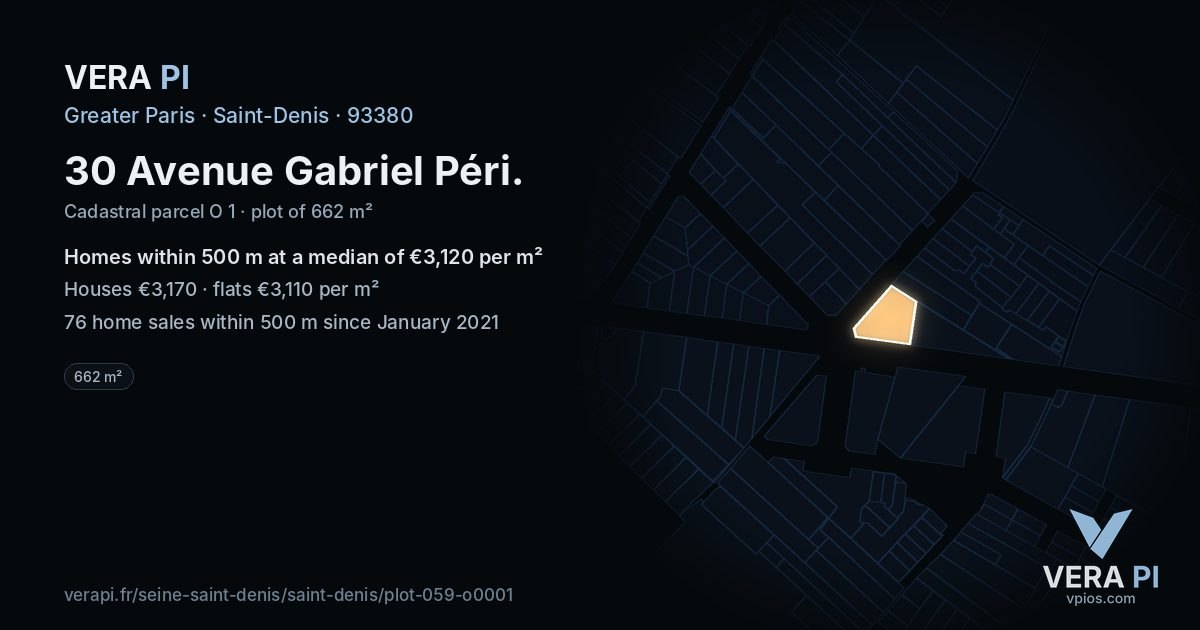 30 Avenue Gabriel Péri, Saint-Denis at night – the plot lit, the parcels around coloured by the prices near them