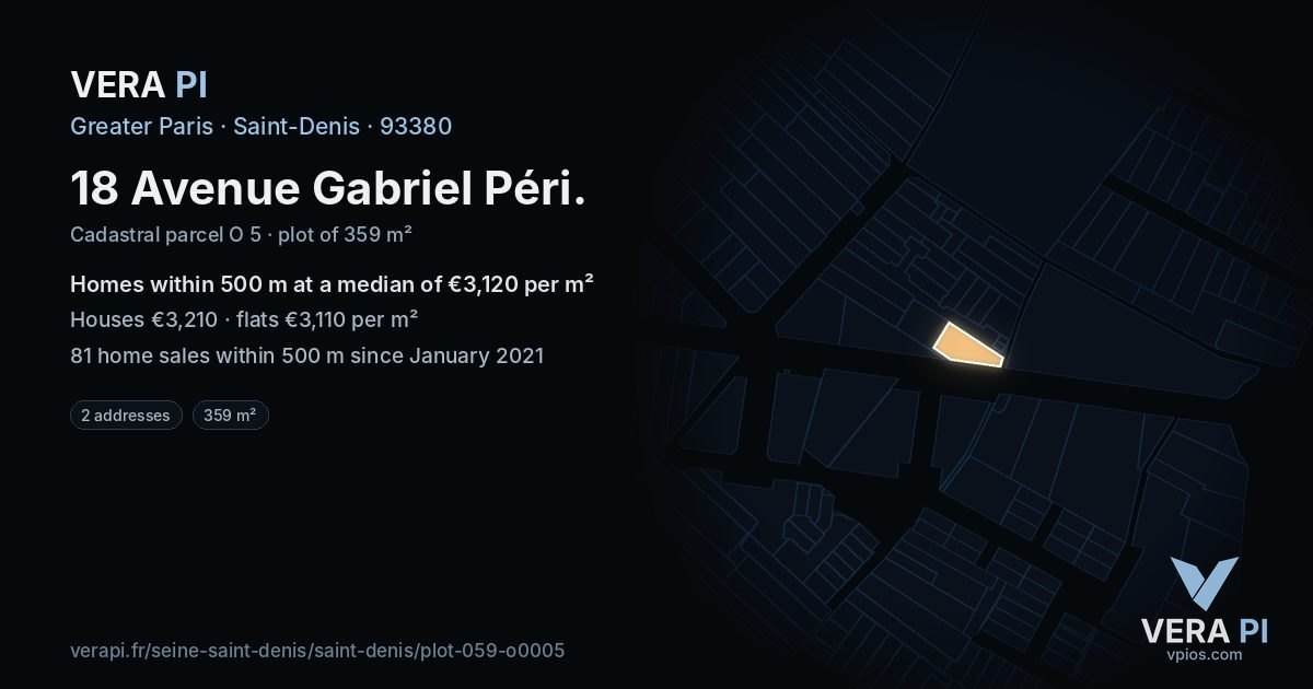 18 Avenue Gabriel Péri, Saint-Denis at night – the plot lit, the parcels around coloured by the prices near them