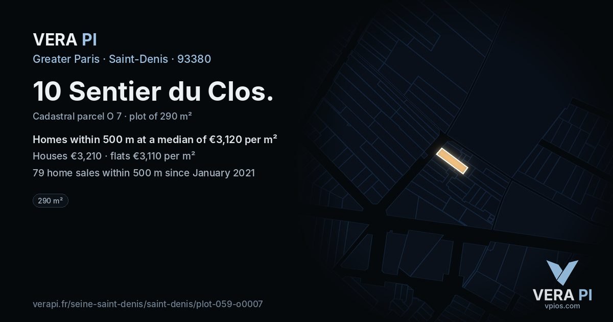 10 Sentier du Clos, Saint-Denis at night – the plot lit, the parcels around coloured by the prices near them