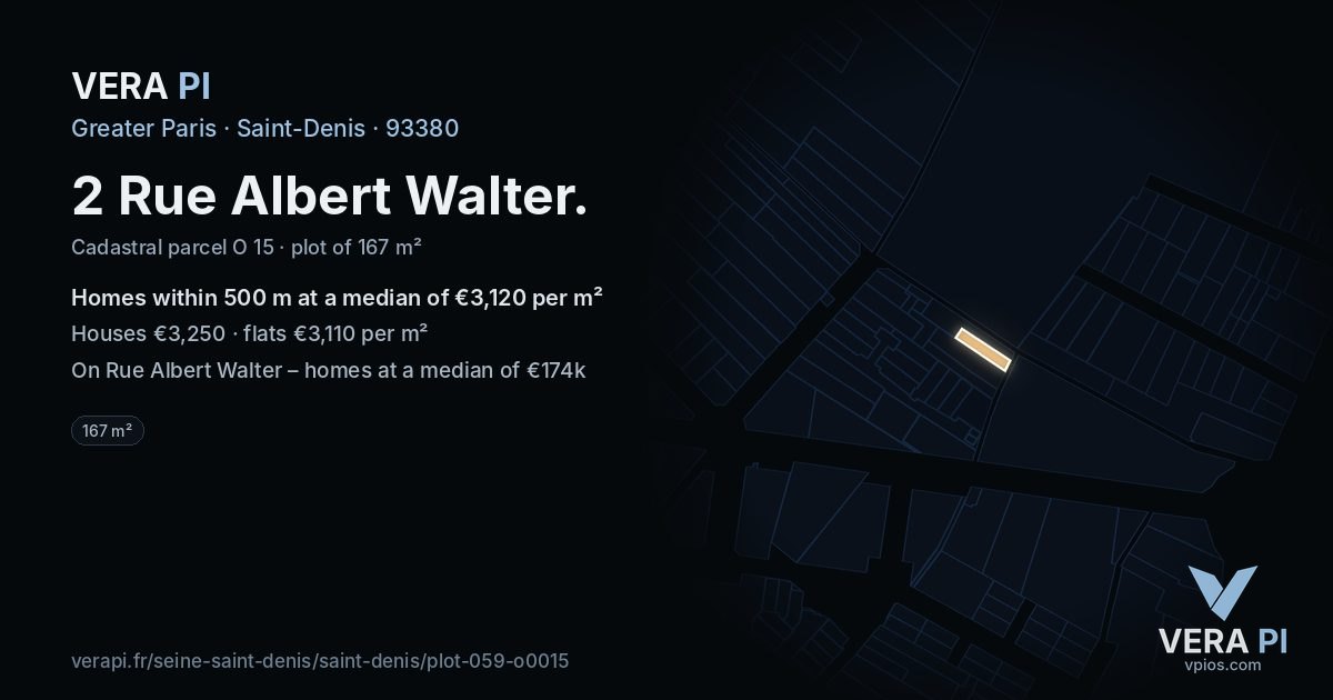 2 Rue Albert Walter, Saint-Denis at night – the plot lit, the parcels around coloured by the prices near them