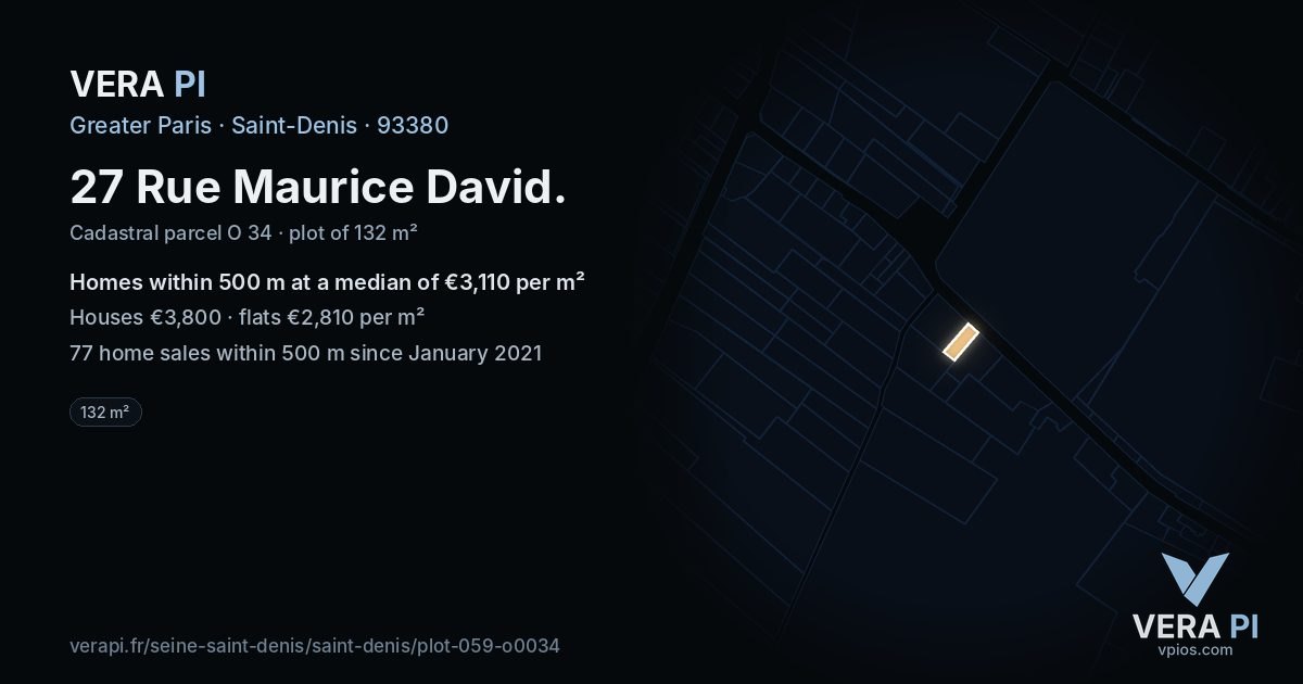 27 Rue Maurice David, Saint-Denis at night – the plot lit, the parcels around coloured by the prices near them