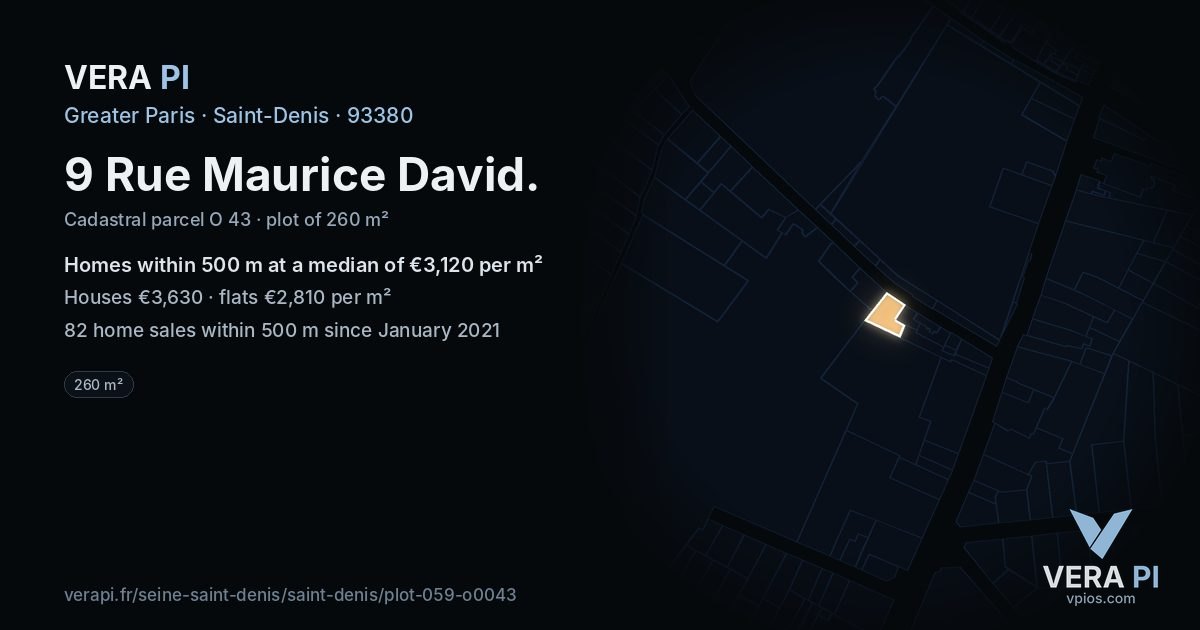 9 Rue Maurice David, Saint-Denis at night – the plot lit, the parcels around coloured by the prices near them