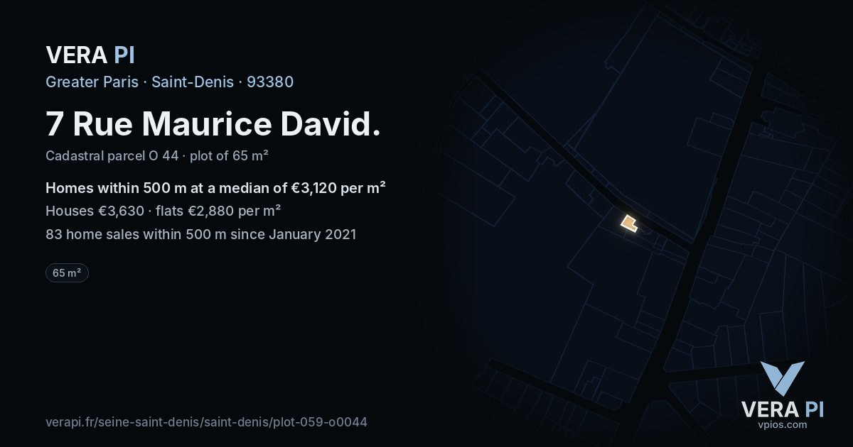 7 Rue Maurice David, Saint-Denis at night – the plot lit, the parcels around coloured by the prices near them