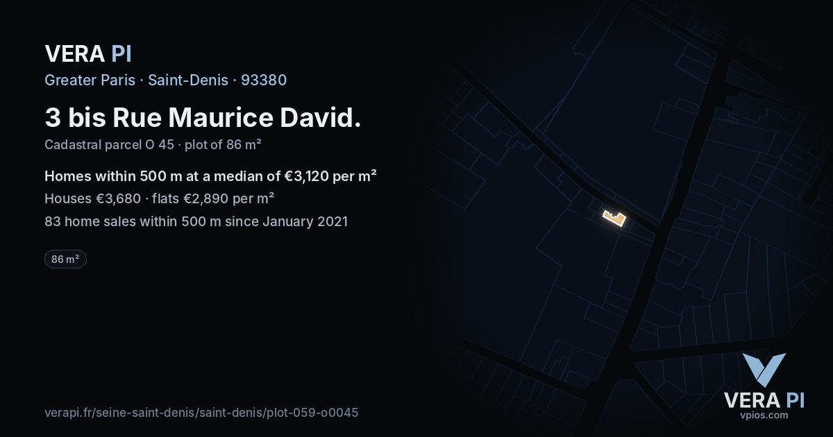 3 bis Rue Maurice David, Saint-Denis at night – the plot lit, the parcels around coloured by the prices near them