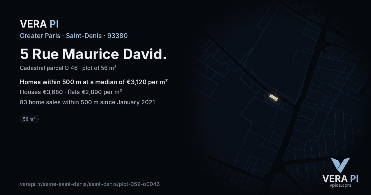 5 Rue Maurice David, Saint-Denis at night – the plot lit, the parcels around coloured by the prices near them