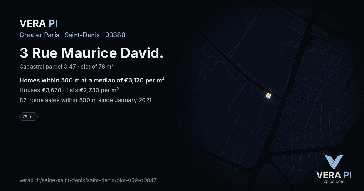 3 Rue Maurice David, Saint-Denis at night – the plot lit, the parcels around coloured by the prices near them