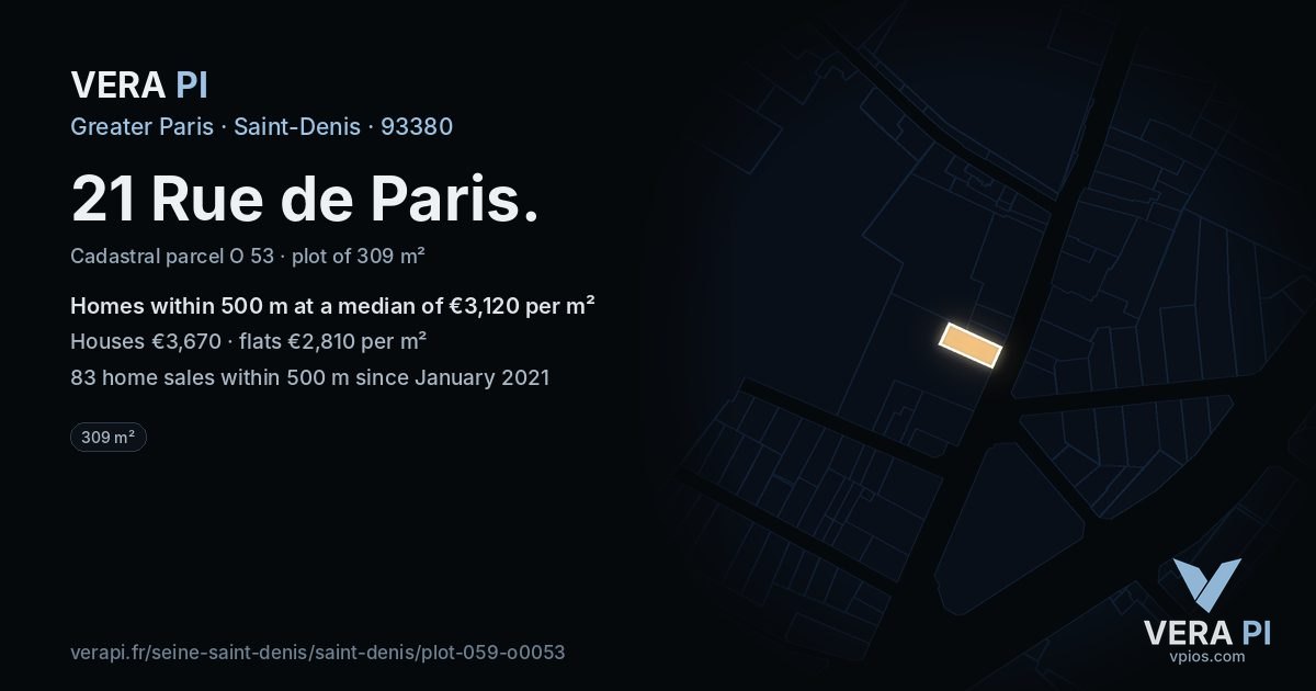 21 Rue de Paris, Saint-Denis at night – the plot lit, the parcels around coloured by the prices near them