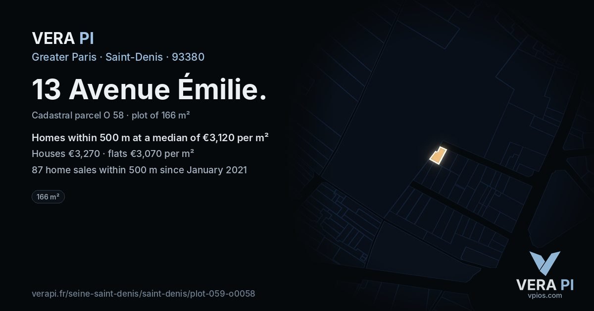 13 Avenue Émilie, Saint-Denis at night – the plot lit, the parcels around coloured by the prices near them