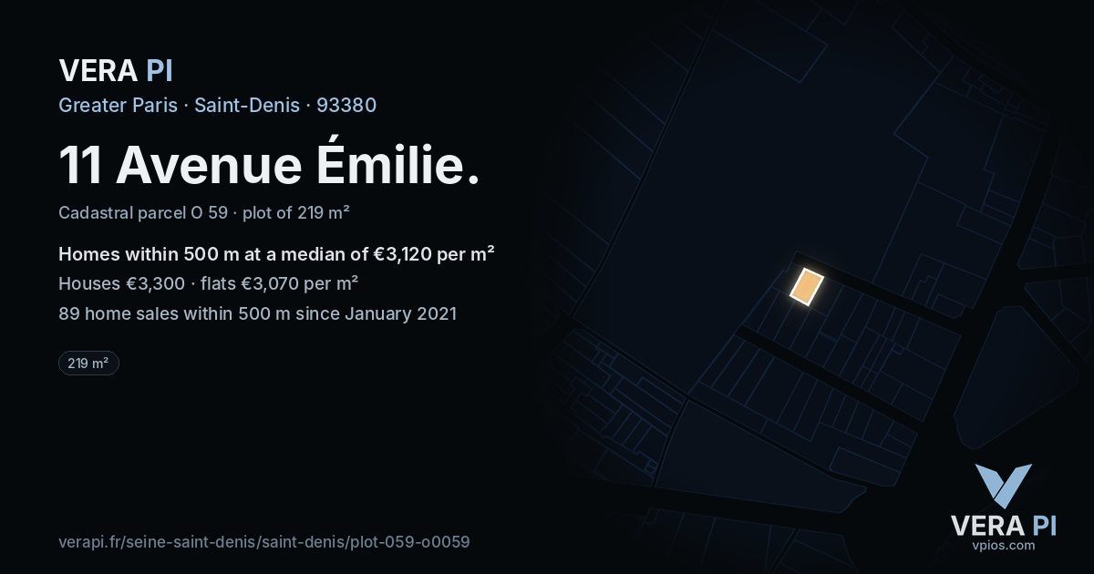 11 Avenue Émilie, Saint-Denis at night – the plot lit, the parcels around coloured by the prices near them