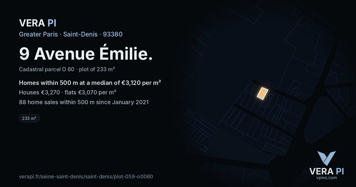 9 Avenue Émilie, Saint-Denis at night – the plot lit, the parcels around coloured by the prices near them