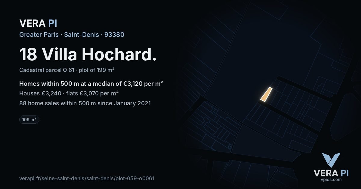18 Villa Hochard, Saint-Denis at night – the plot lit, the parcels around coloured by the prices near them