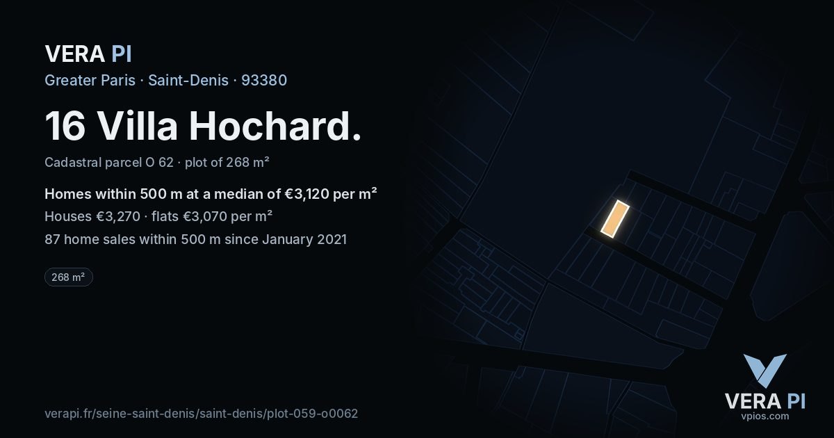 16 Villa Hochard, Saint-Denis at night – the plot lit, the parcels around coloured by the prices near them